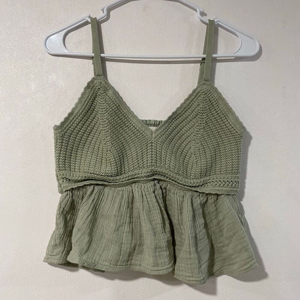 Hollister Sage Green Crochet Babydoll Tank Top Size Large Boho Peplum Cami